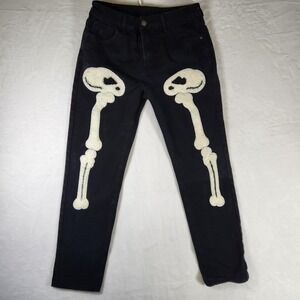 Mens Black Skeleton Bone Applique Jeans Punk Rock Slim Fit Size 32
